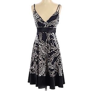 Vintage Mid 2000s Express midi Dress Sz XS satin trim Black Silver Empire Waist